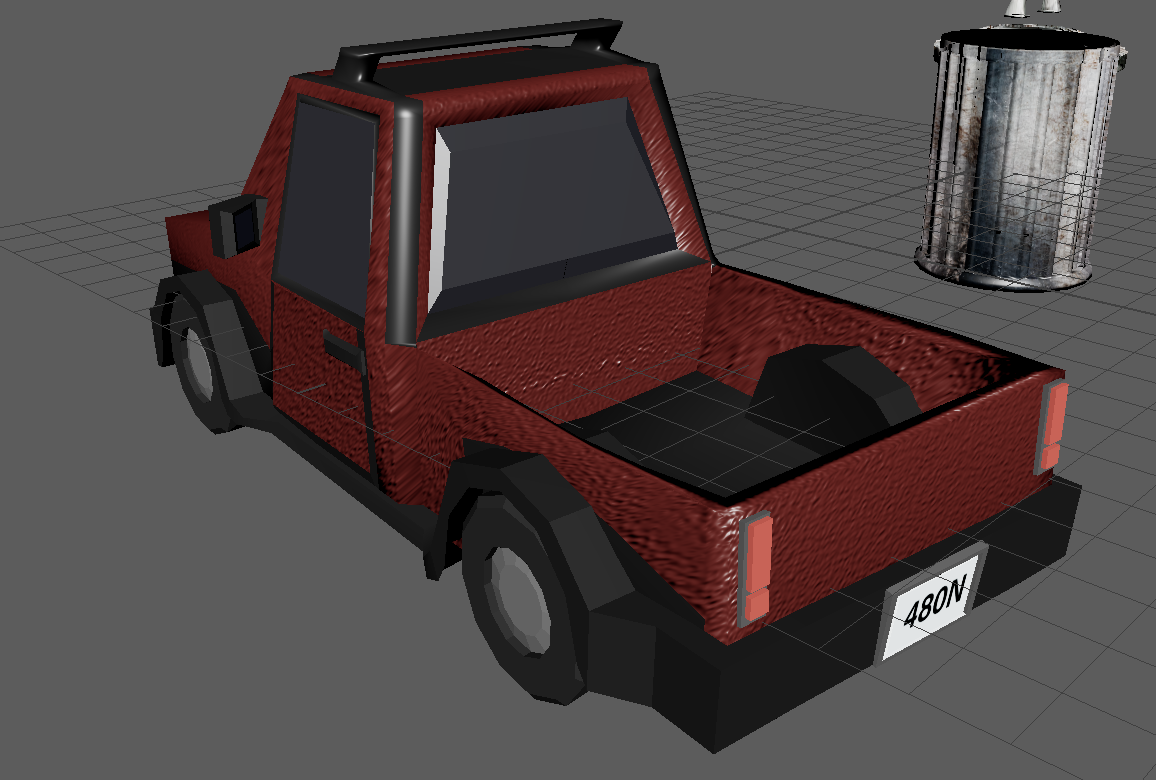Pickup truck — rear three-quarter view with trash can prop