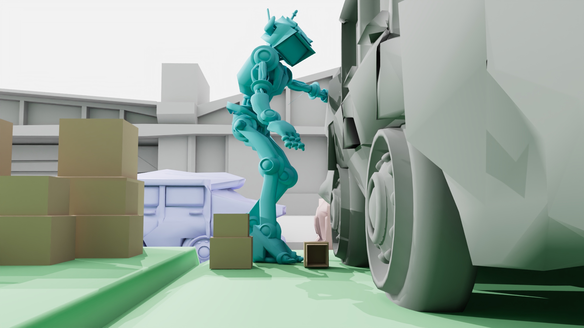 Blockout render — the monitor-head robot at the curb