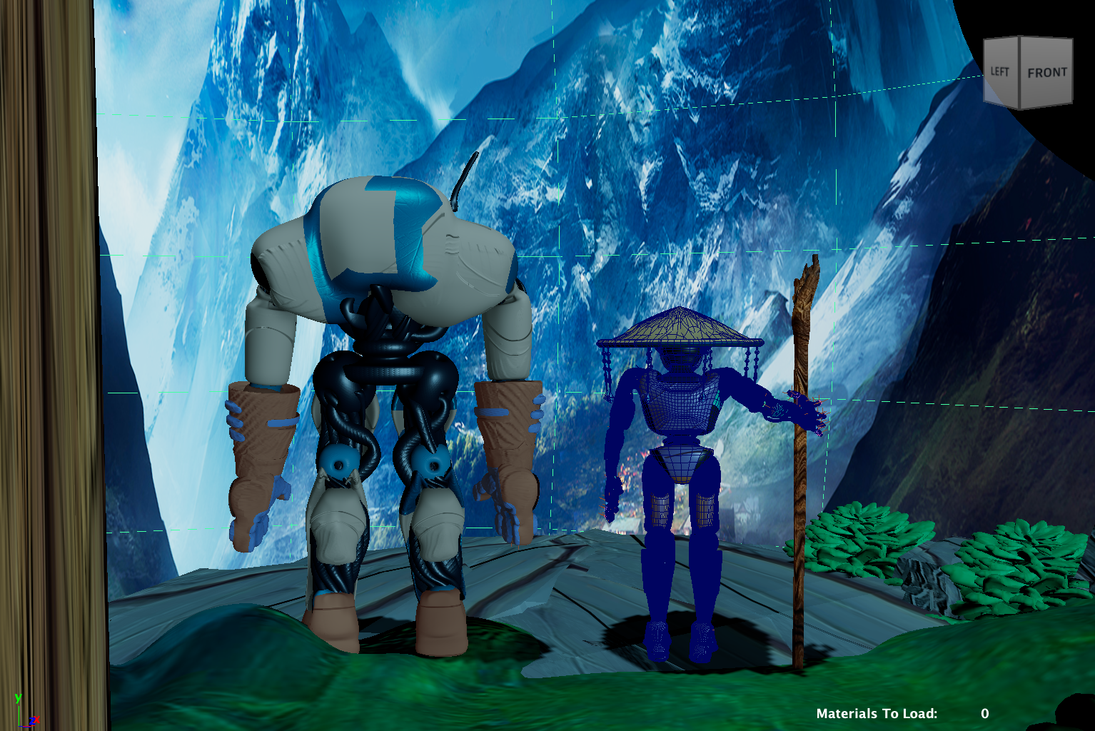 Mountain scene — explorer robot and hiker in the Maya viewport