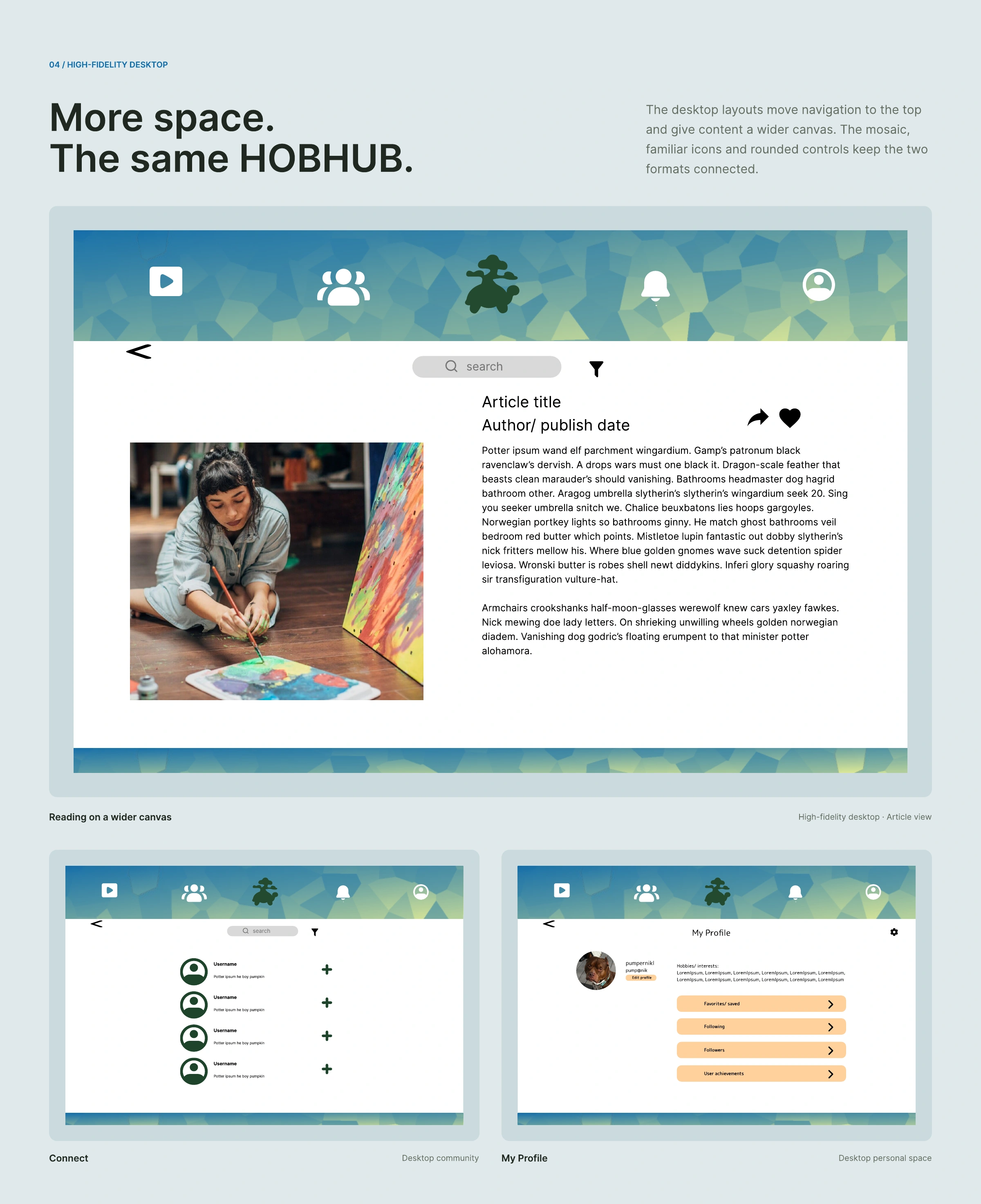 Desktop experience — article, community, and profile screens