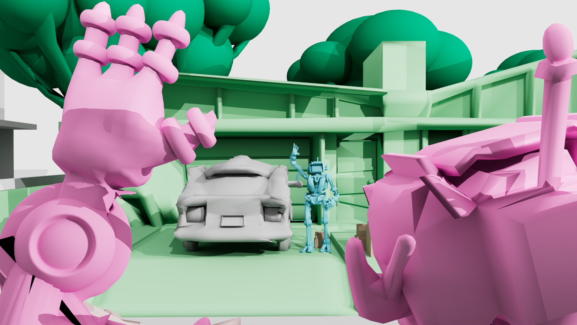 Blockout render — the pink robot waves back
