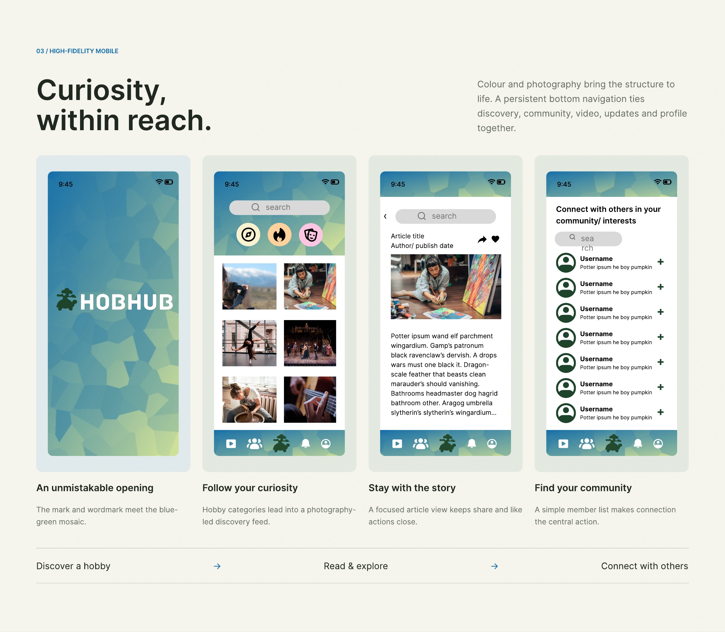 Mobile experience — welcome, discover, read, and connect