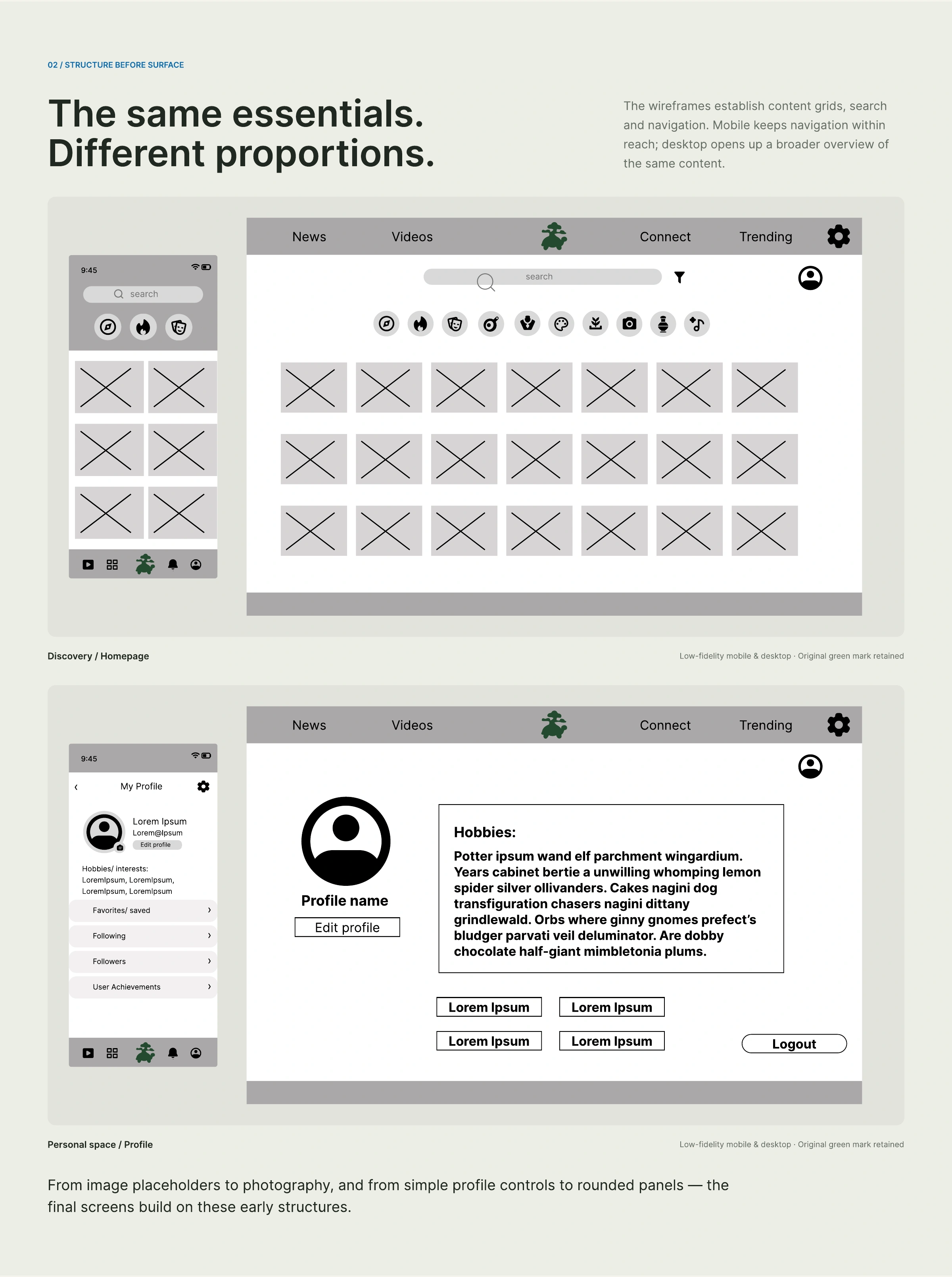 Desktop and mobile wireframes — browsing and profiles