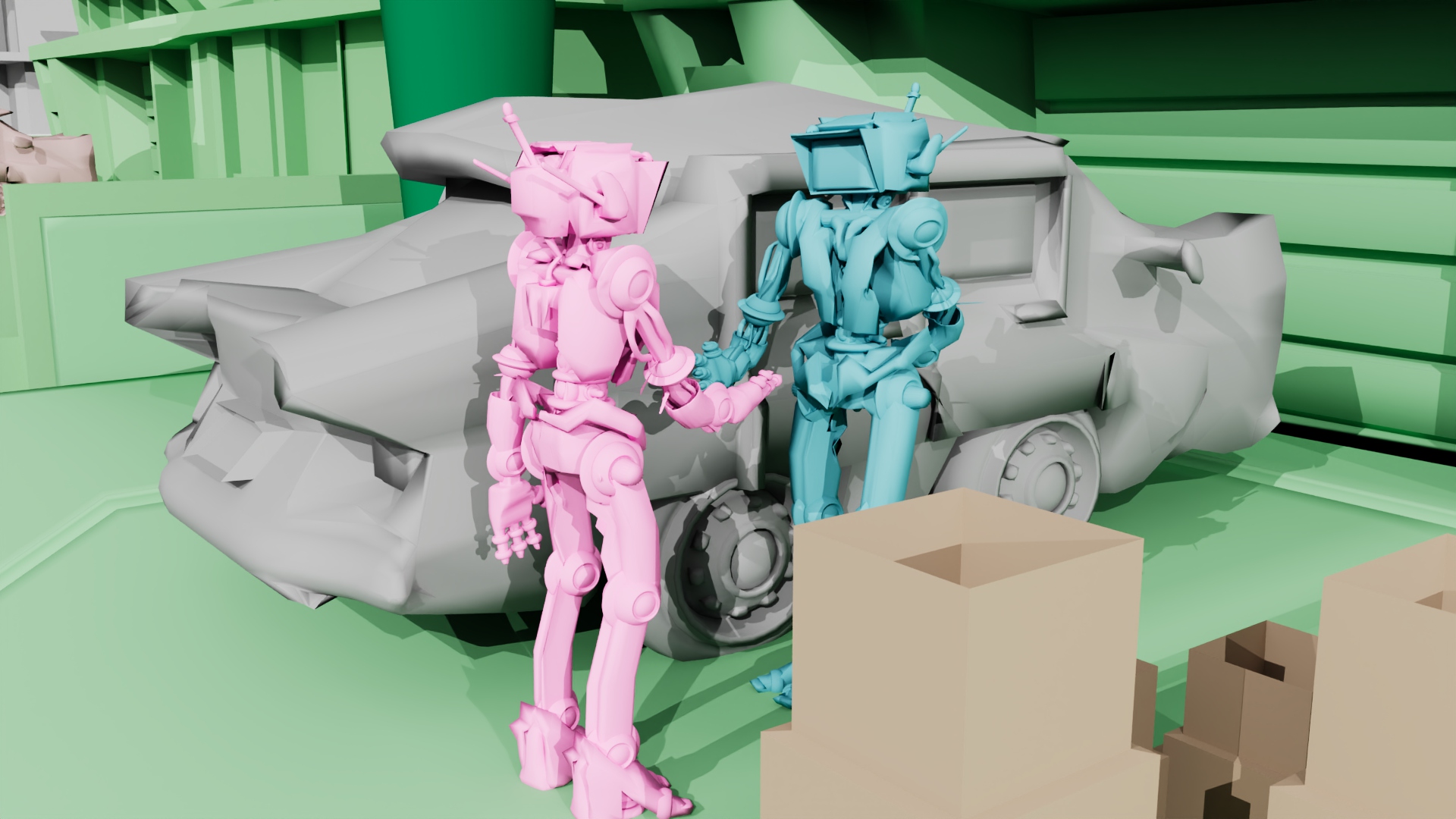 Blockout render — the two robots shake hands